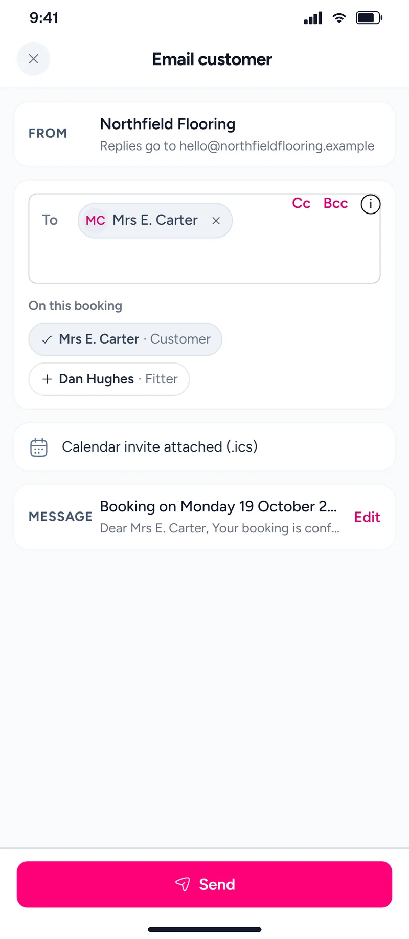 A booking email to the customer with a calendar invite attached