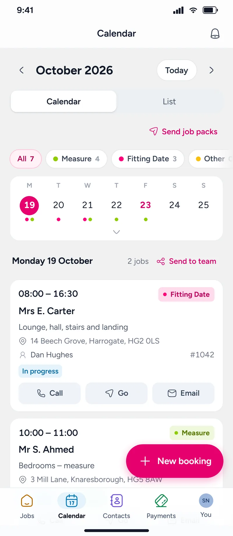 The calendar on a phone with the day’s jobs