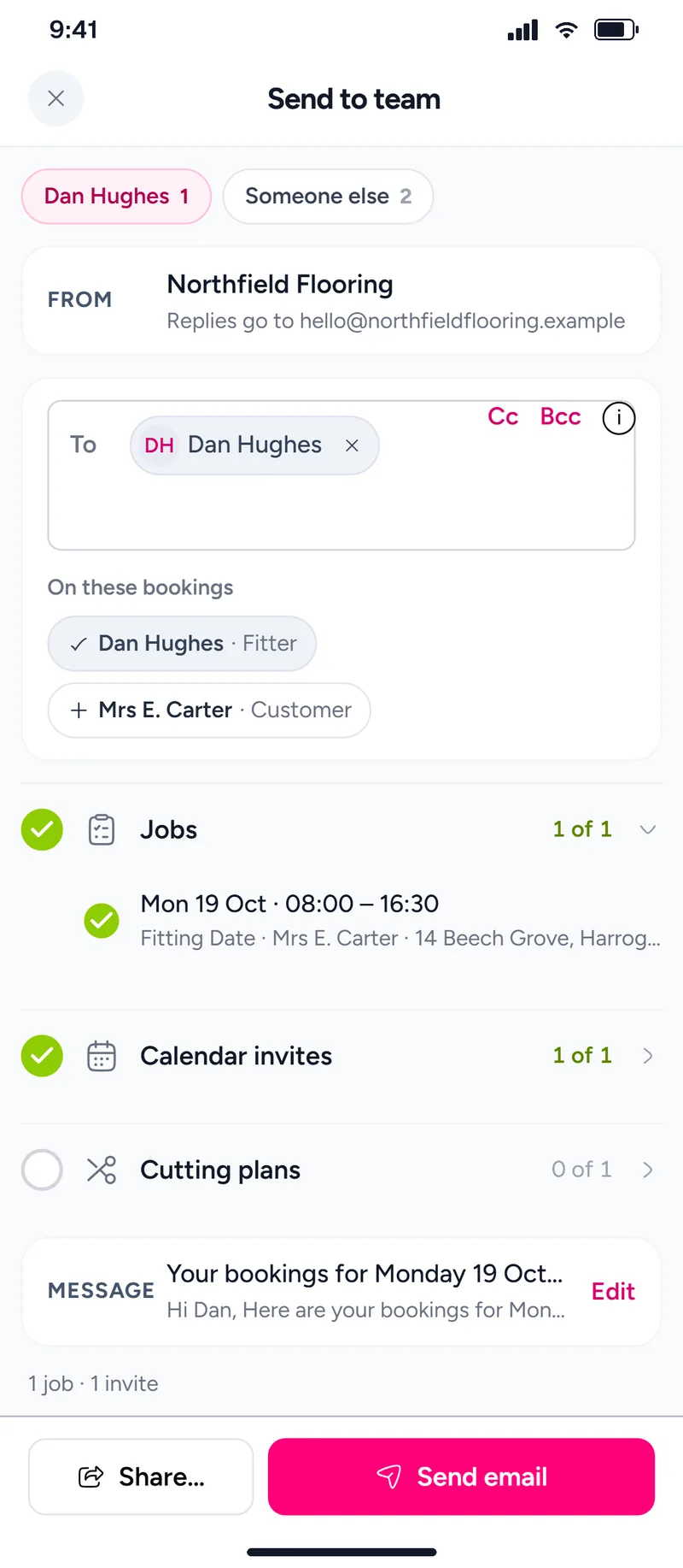 Send to team: the day’s jobs for one fitter