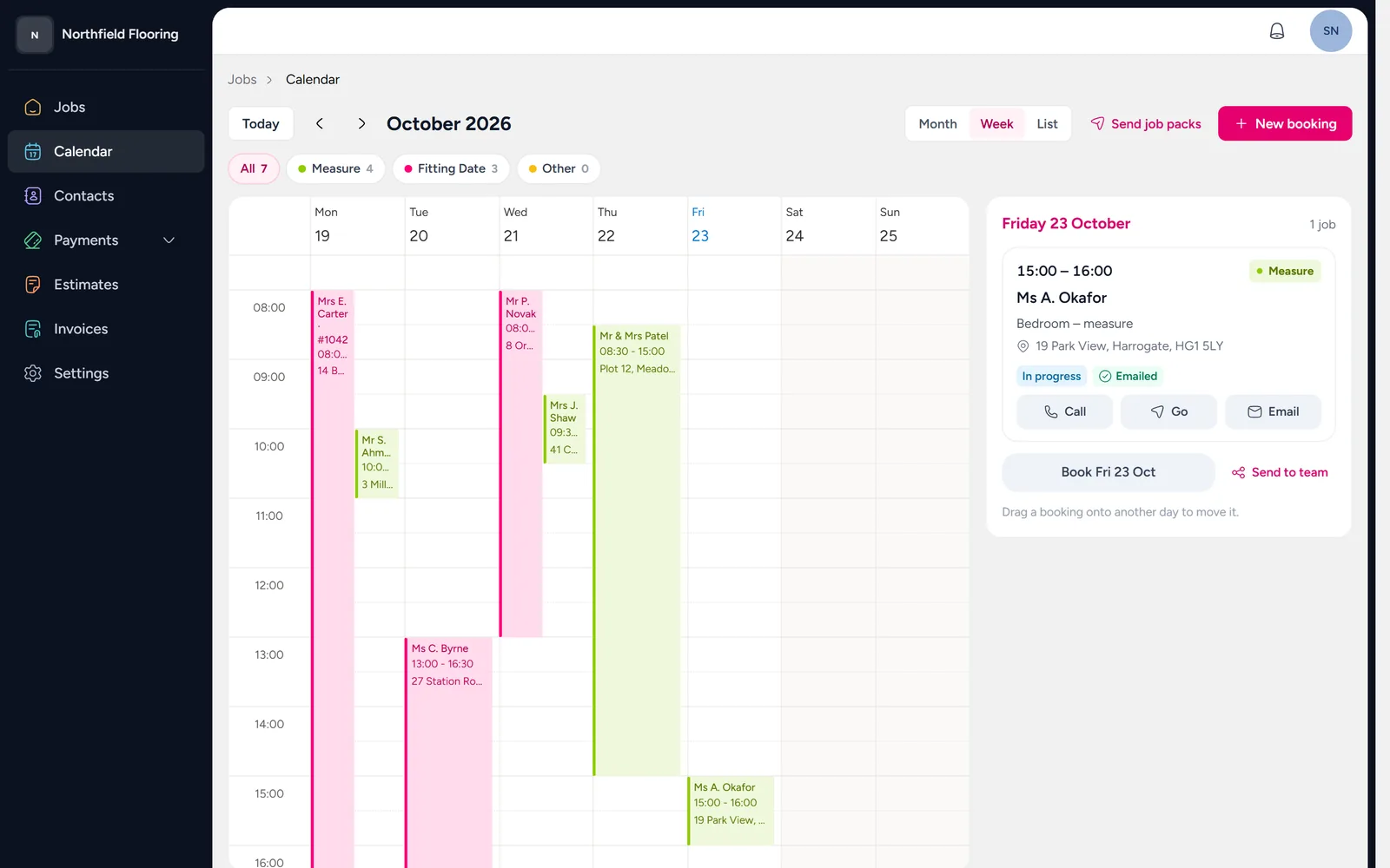 The calendar on a computer: a week of measures and fittings, and the day’s bookings