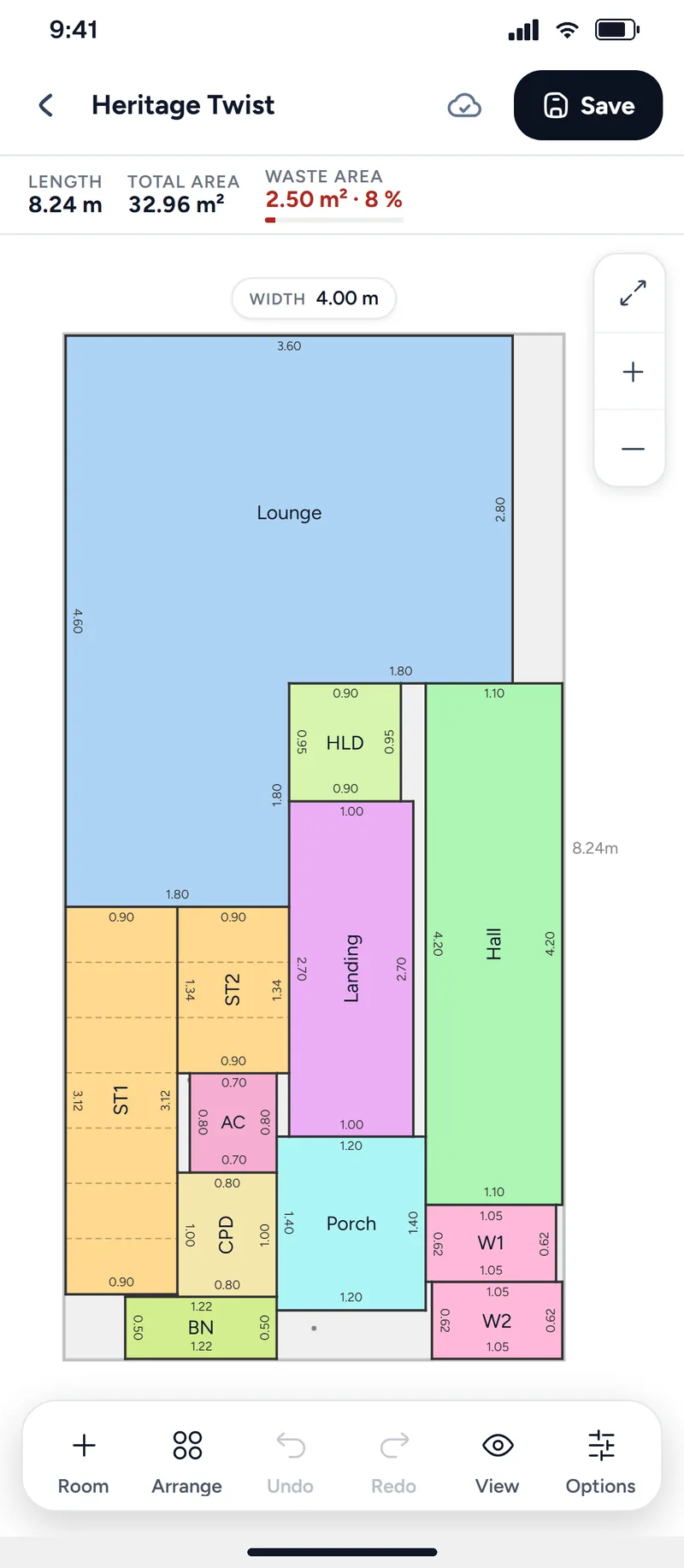 A cutting plan after Arrange: an L-shaped lounge, two straight stairs, two winders and a bullnose on a 4 m roll