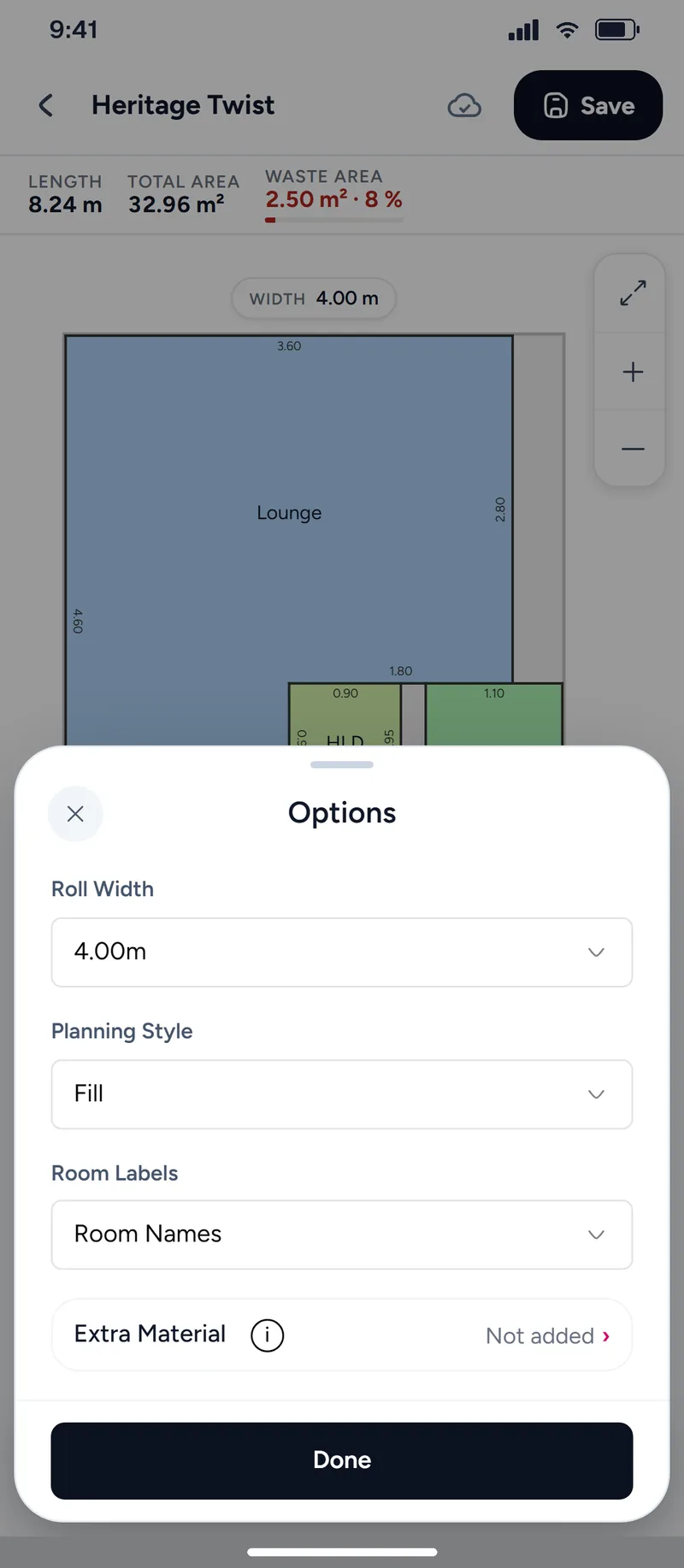 The cutting plan with Options open: roll width, planning style and room labels