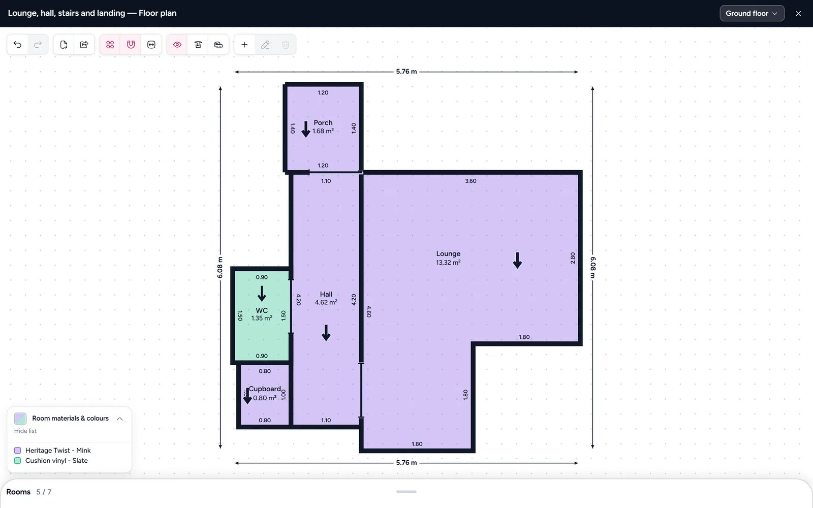 A floor plan with two products, door profiles and the legend