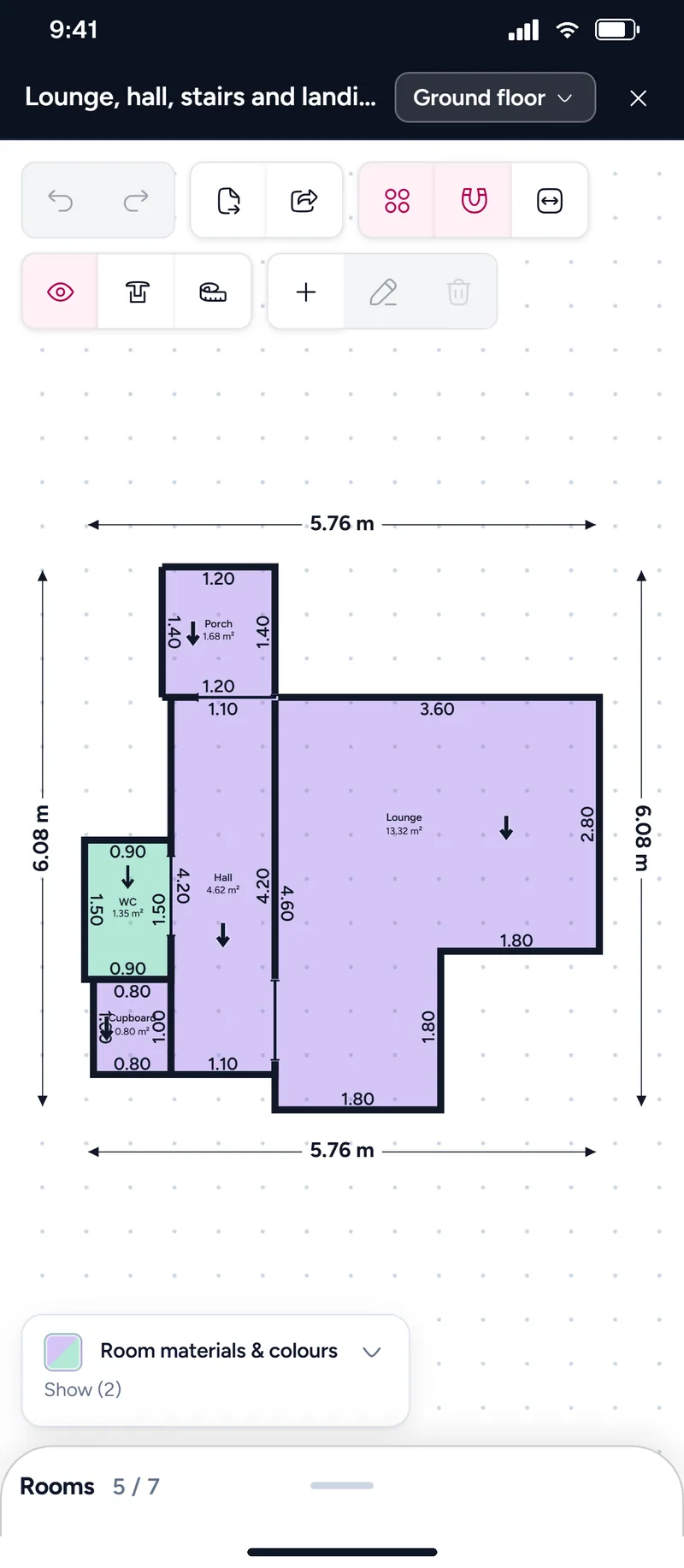 The floor plan on a phone: the rooms joined wall to wall, with sizes and the room key