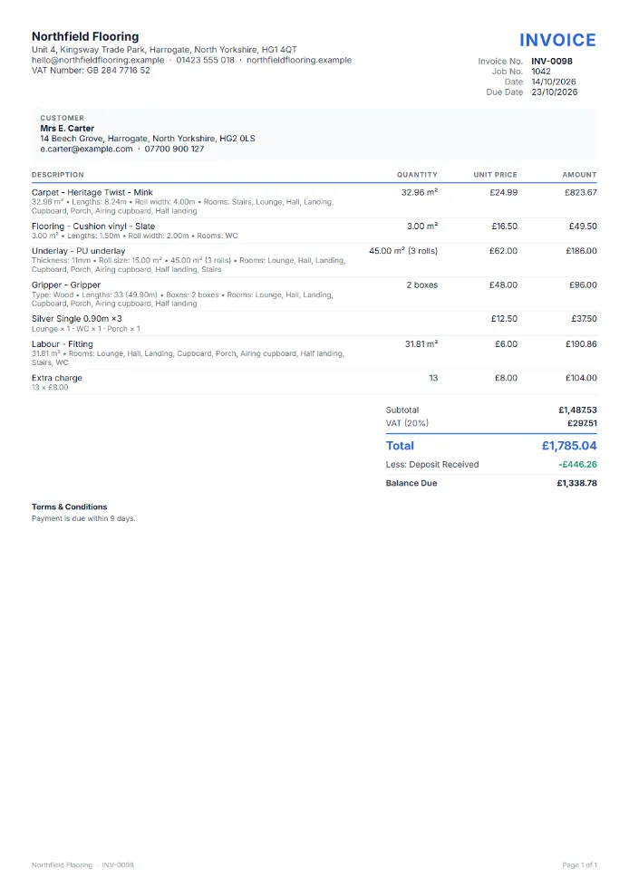 An invoice with the deposit paid and the balance due