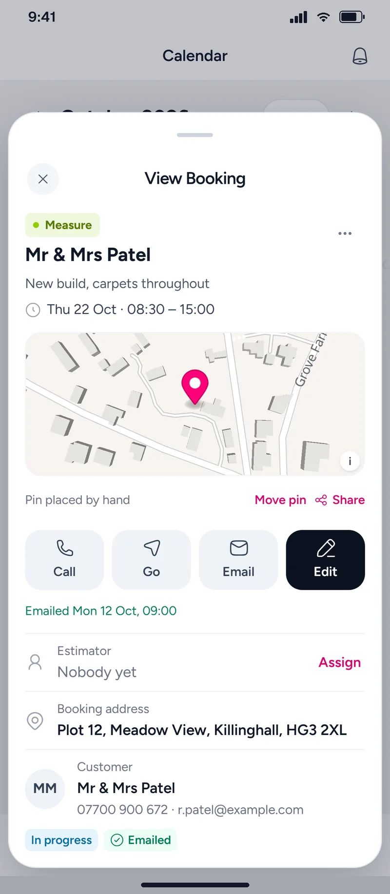 A booking for a new-build plot with the pin placed by hand on the map, and Move pin, Go and Share