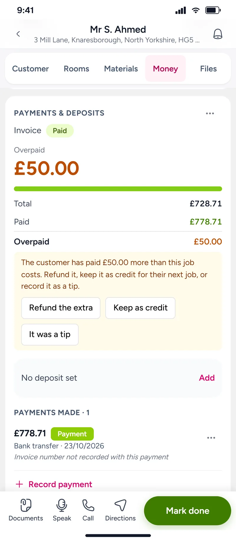 A job paid £50 over its total, with Refund the extra, Keep as credit and It was a tip