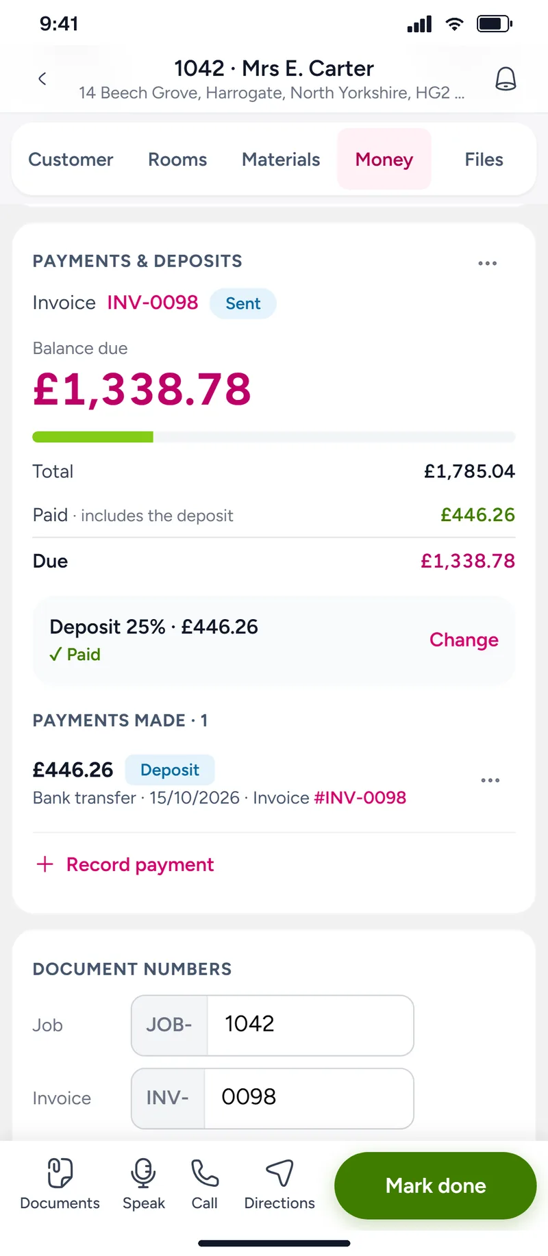 A job’s payments: invoice sent, 25% deposit paid and the balance due
