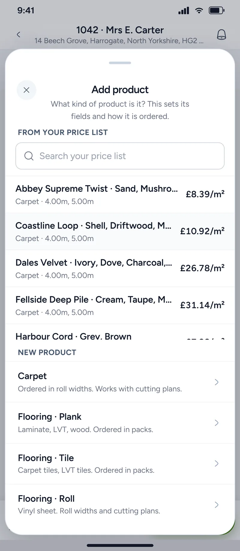 Adding carpet to a job: the ranges from your price list come first