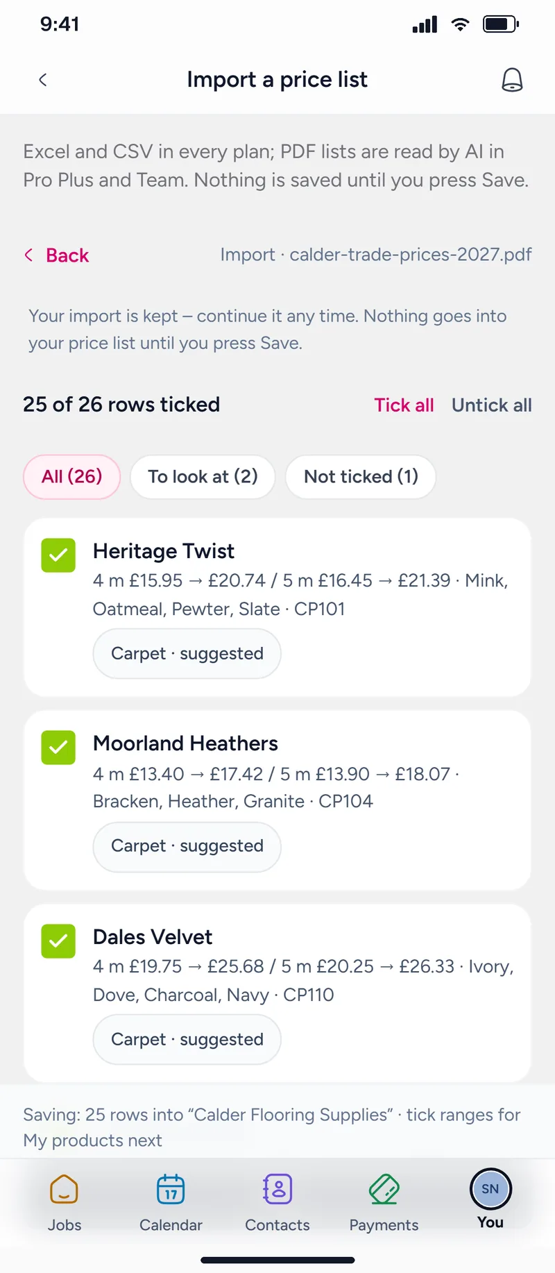 Check rows: the supplier’s ranges read from the PDF, each with its trade price and selling price after the markup