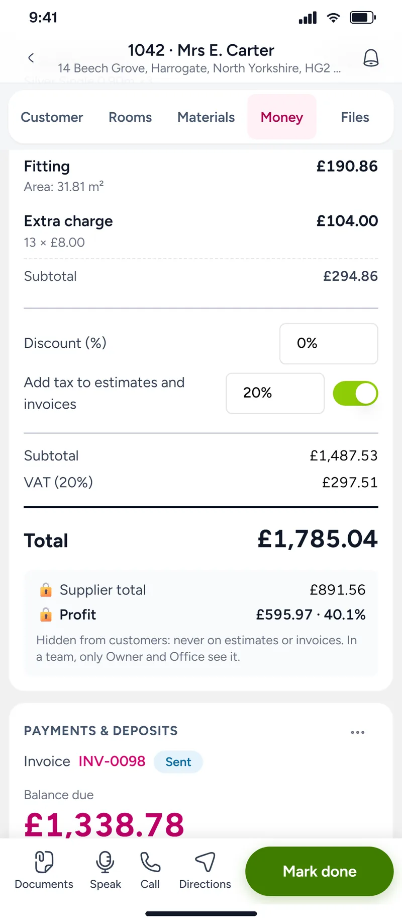 A job’s summary with the Profit line, hidden from customers