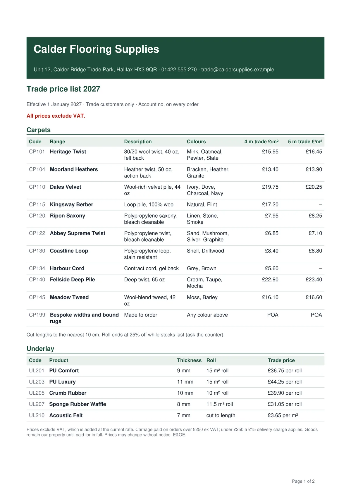 Page 1 of a supplier’s trade price list PDF: carpet ranges, colours, roll widths and prices per m²