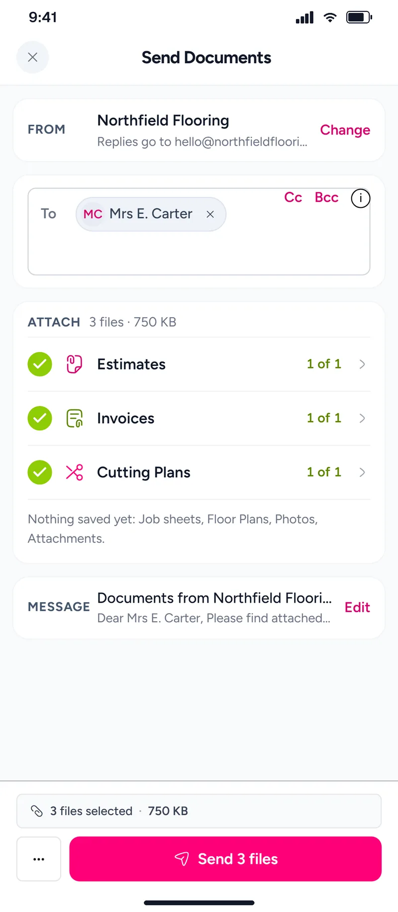 Send documents with the estimate, invoice and cutting plan attached