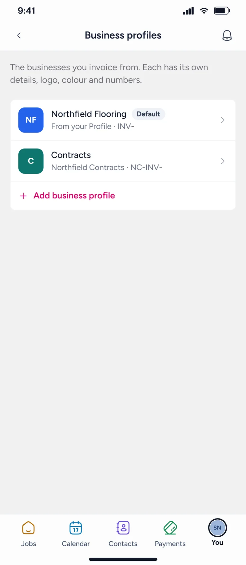 Two business profiles, each with its own details and numbering