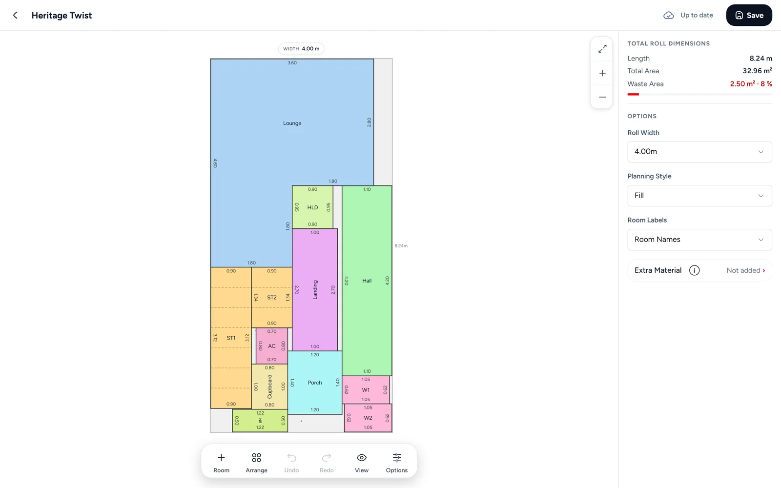 Rooms and stair pieces arranged on one 4 m roll