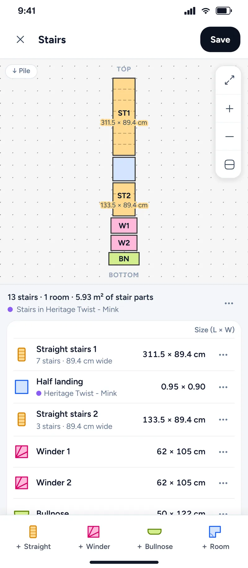 The staircase builder with two straight stairs, two winders, a bullnose and a half landing