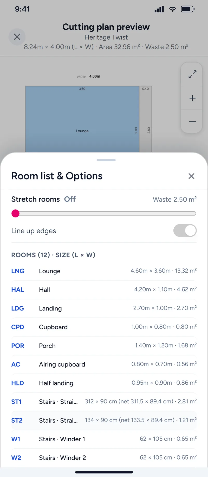 The cutting plan room list with each stair piece’s cut size and net size