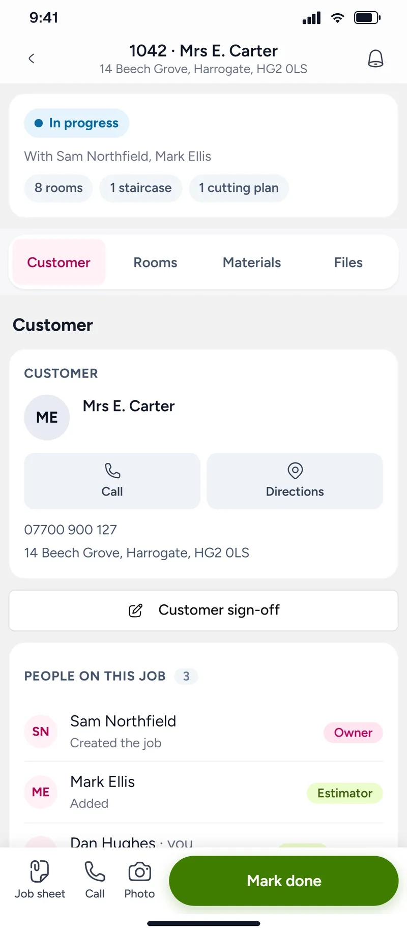 Mrs E. Carter’s job as the fitter sees it: no prices, with the customer’s phone and address, sign-off and the people on the job
