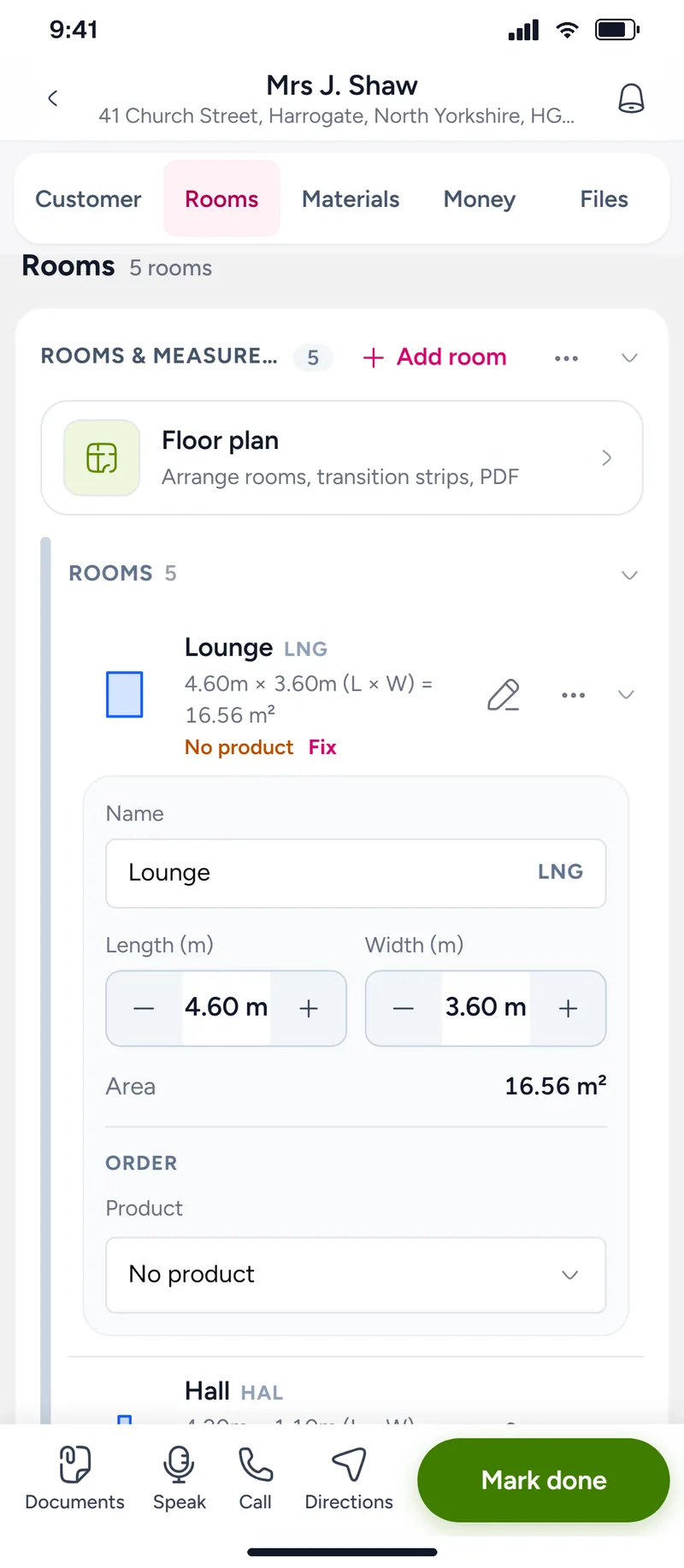 The rooms said by voice, now on the job with their sizes and areas